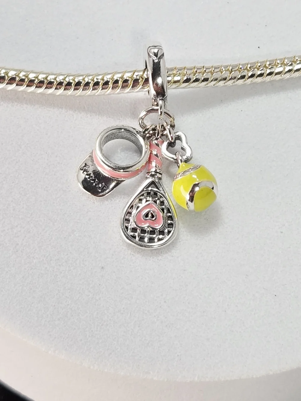 Tennis Girl Era Charm Pendant Silver Racket Ball Visor Pink Yellow Enamel Sporty